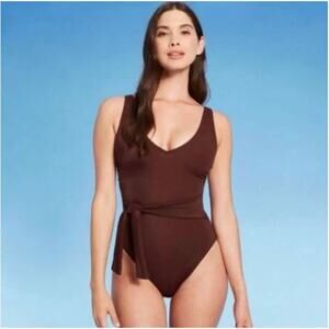 SPRING SALE! Shade & Shore Brown Plunge Tie-Front One Piece Swimsuit Size Medium